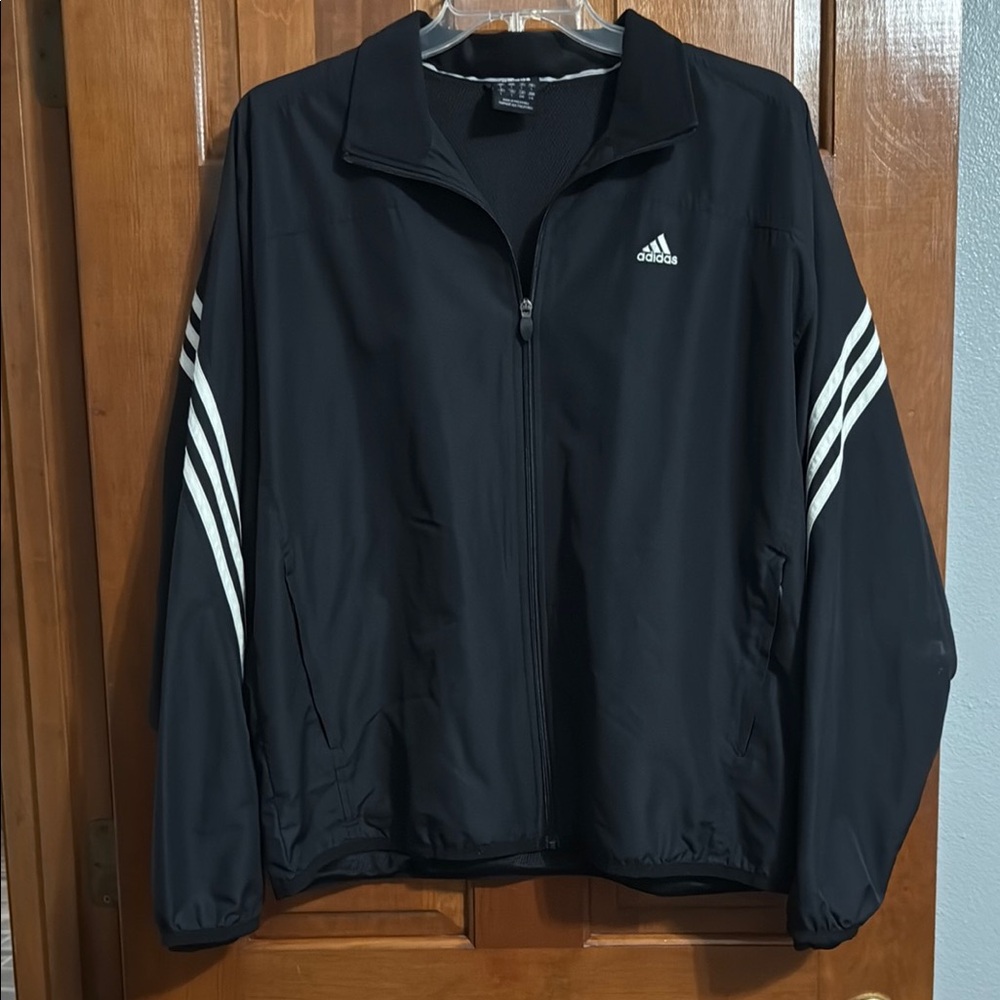 Adidas Men's Black Windbreaker with White Stripes